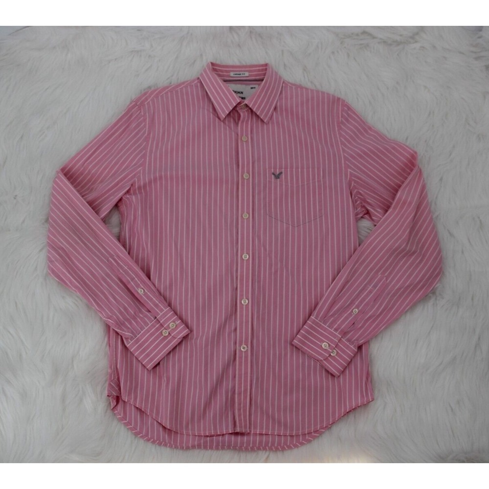 AMERICAN EAGLE OUTFITTERS MENS LONG SLEEVE SHIRT PINK STRIPE VINTAGE FIT M #610